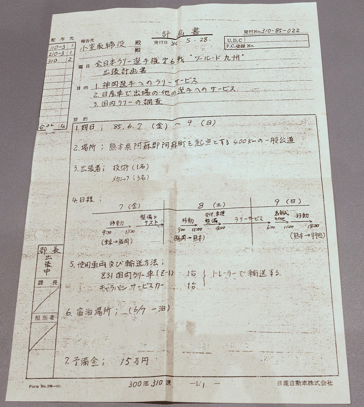 当時のラリーメカニックをしていたクラブ員の方が見せてくれたニスモ社内書類。ラリー参戦のためのもの。個人名や宿泊施設名は画像処理で消している