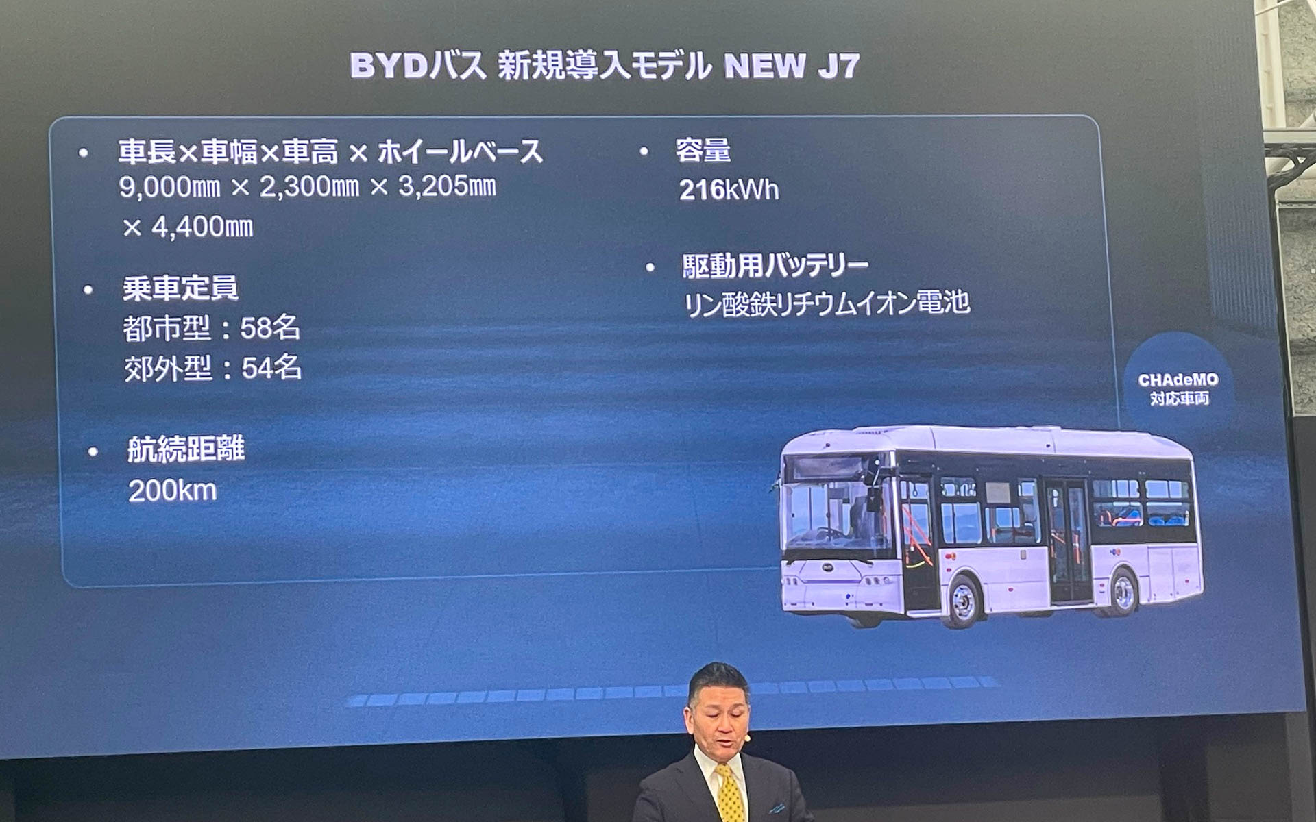 日本向けのインホイールモーターを採用する中型バッテリバス「J7」。航続距離200kmは使い方次第。バッテリ容量は216kWh