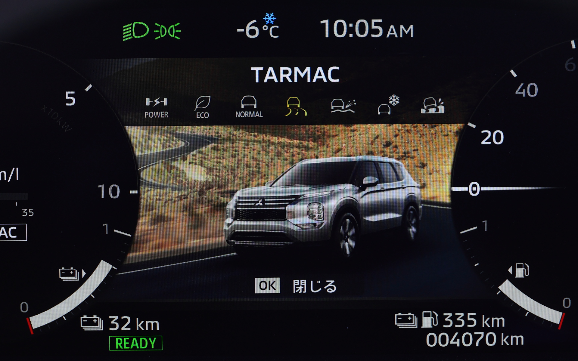 ダイヤル式のドライブモードではPOWER、ECO、NORMAL、TARMAC、GRAVEL、SNOW、MUDから選択可能
