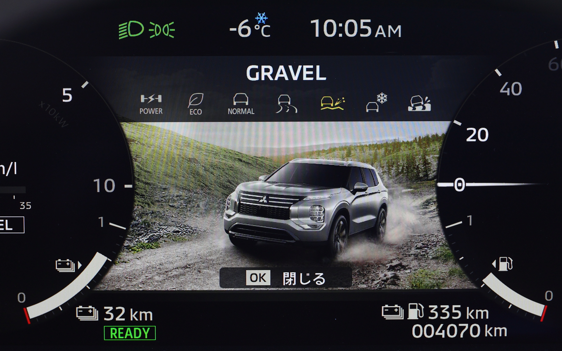 ダイヤル式のドライブモードではPOWER、ECO、NORMAL、TARMAC、GRAVEL、SNOW、MUDから選択可能