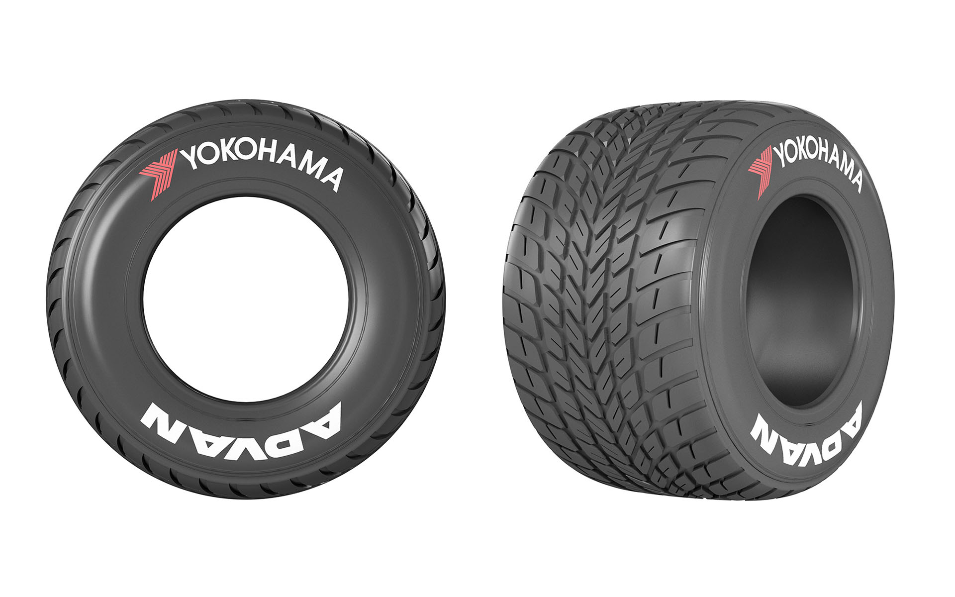 再生可能原料・リサイクル原料を使用したウェット用の「ADVAN」レーシングタイヤ。ウェット用タイヤはドライ用と識別しやすくするため、OUT側に白ステッカーを、オンボードカメラから視認できるようIN側に緑ステッカーを使用している