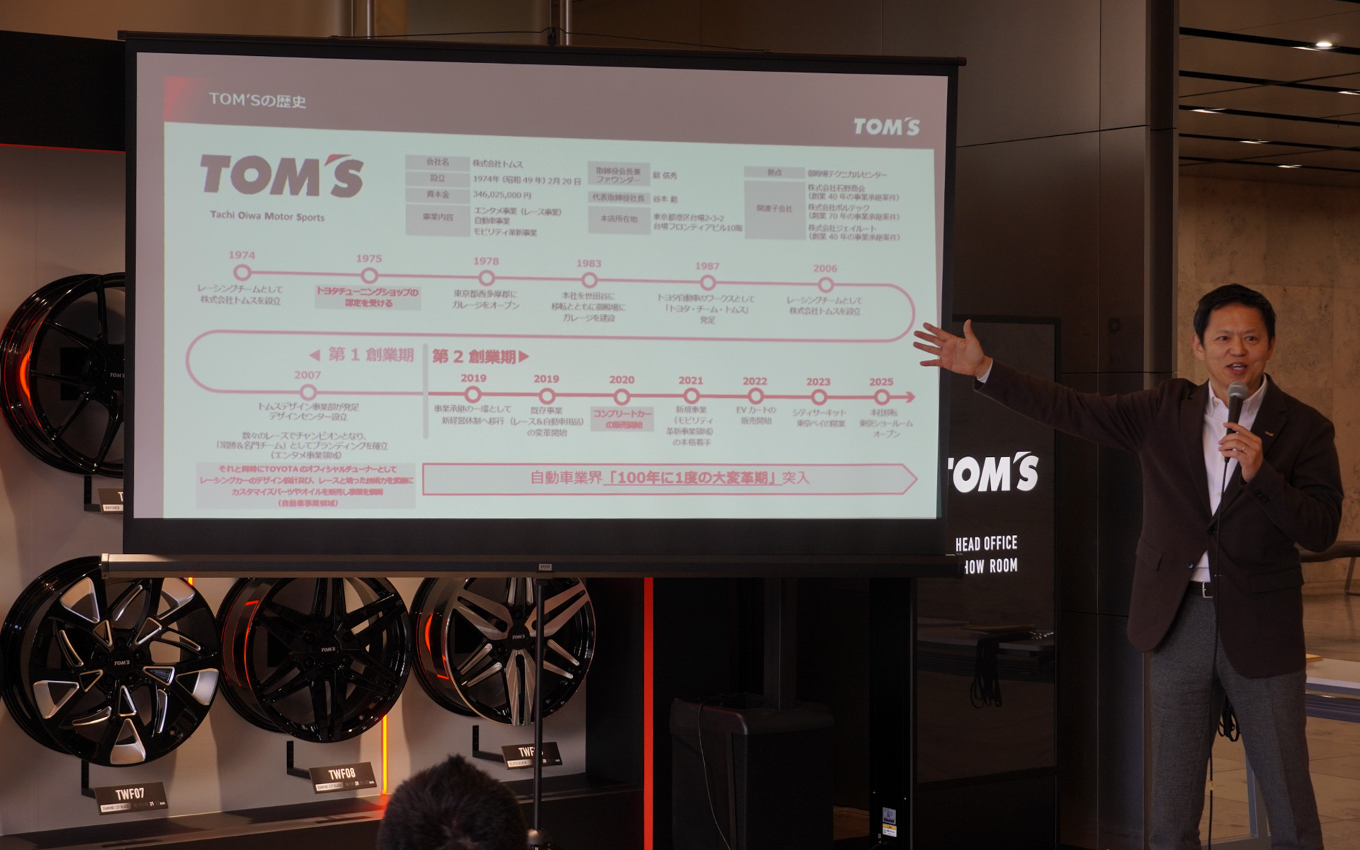 トムスの歴史について説明する代表取締役社長の谷本勲氏