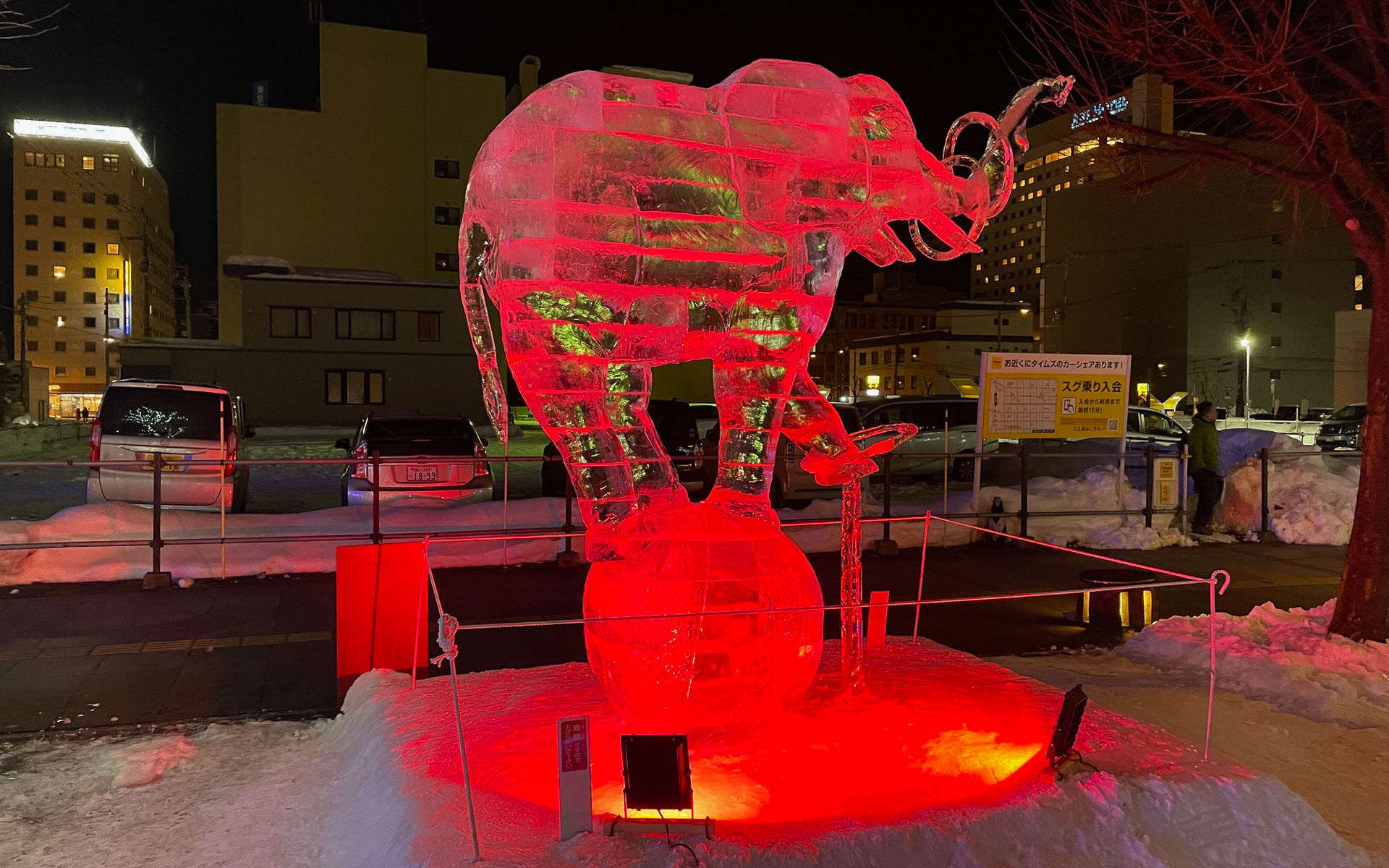 旭川冬まつりの準備が進んでおり、氷の芸術を夜の街で見ることができた