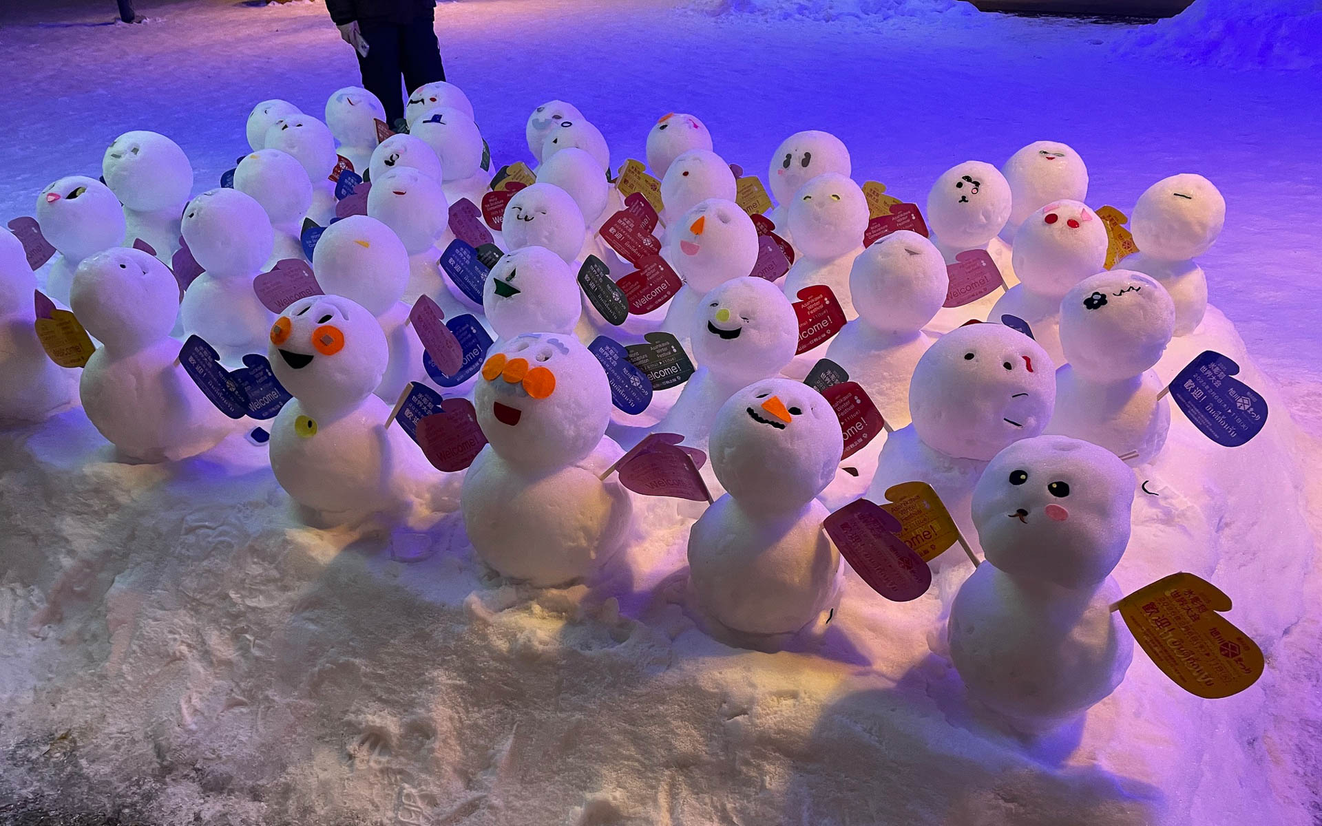 旭川冬まつりは札幌の雪まつりとは違って規模は小さいものの、市内は独特の風情があってなかなかの美観。かわいい雪ダルマが迎えてくれた