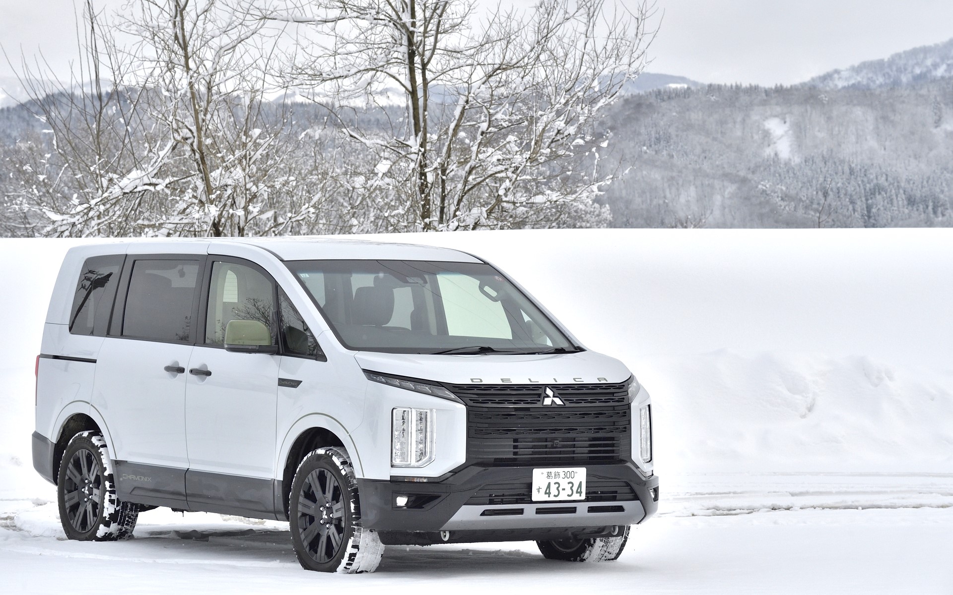 試乗車はデリカD:5のPグレードをベースにした「シャモニー」の電動サイドステップ装着車で、価格は465万6300円。ボディカラーはシャモニー専用色のホワイトダイヤモンド/ブラックマイカの2トーン。ほかにブラックダイヤモンド/ブラックマイカとグラファイトグレーメタリック/ブラックマイカも設定されている