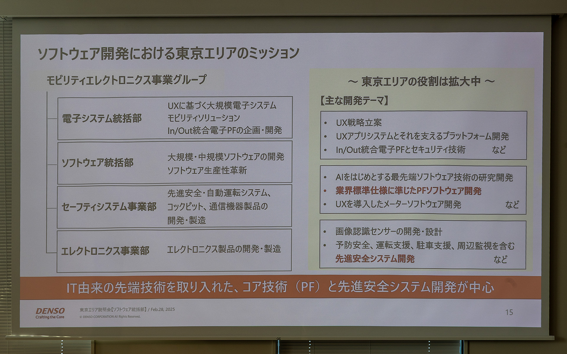 東京オフィスでのソフトウェア開発について。IT由来の先端技術を取り入れたコア技術と先進安全システム開発を中心に行なっていくとのこと