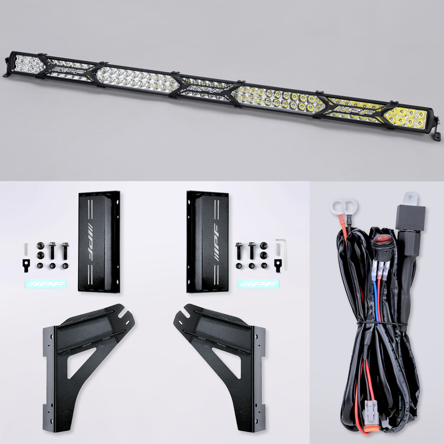 キットの内容は、ライトバー本体（600Sシリーズ・50インチ・ダブルロータイプ・商品コード：652SD）、リレーハーネス、スイッチ、取り付けブラケット、風切り音抑制プレート、ボルトナット