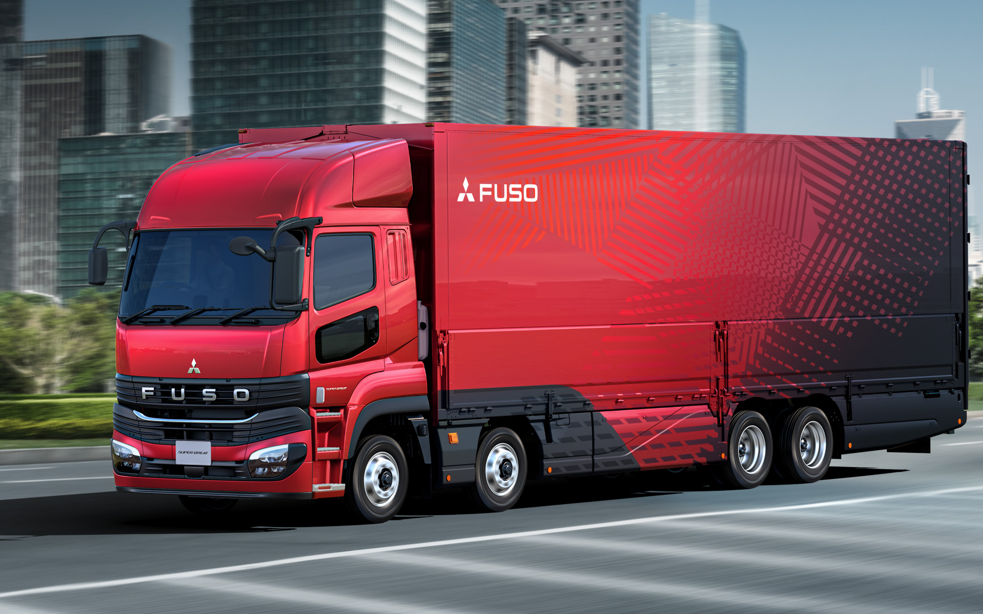 「スーパーグレート」。写真は FS84VVZ1TB、ボディカラー（レッドメタリック HI3）、スーパーハイルーフ仕様、ウイング架装（特別デカール装飾）