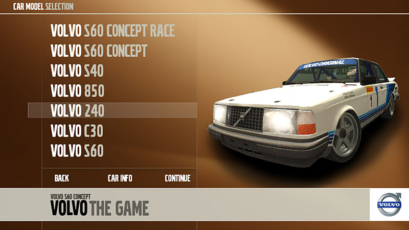 ボルボの歴代レース車両が選べる。画面は「空飛ぶレンガ」と呼ばれた240ターボ