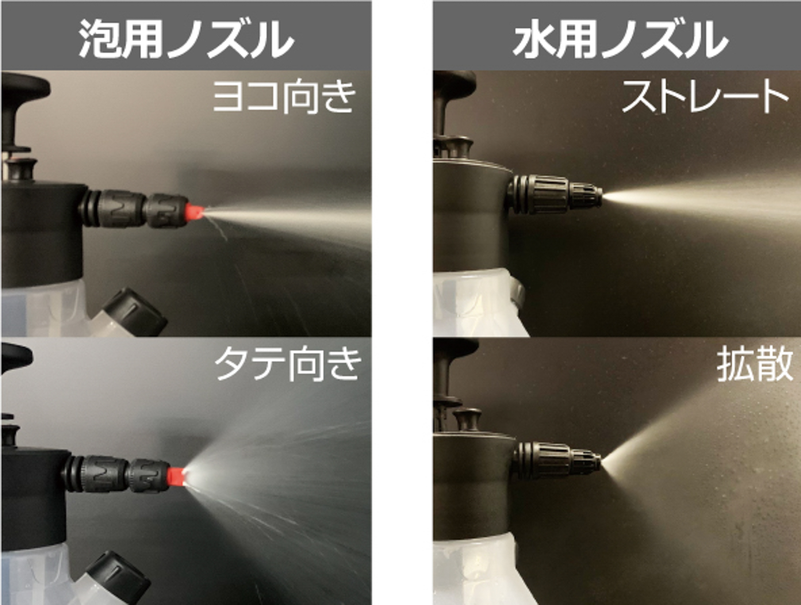 泡用ノズルと水用ノズルが付属する