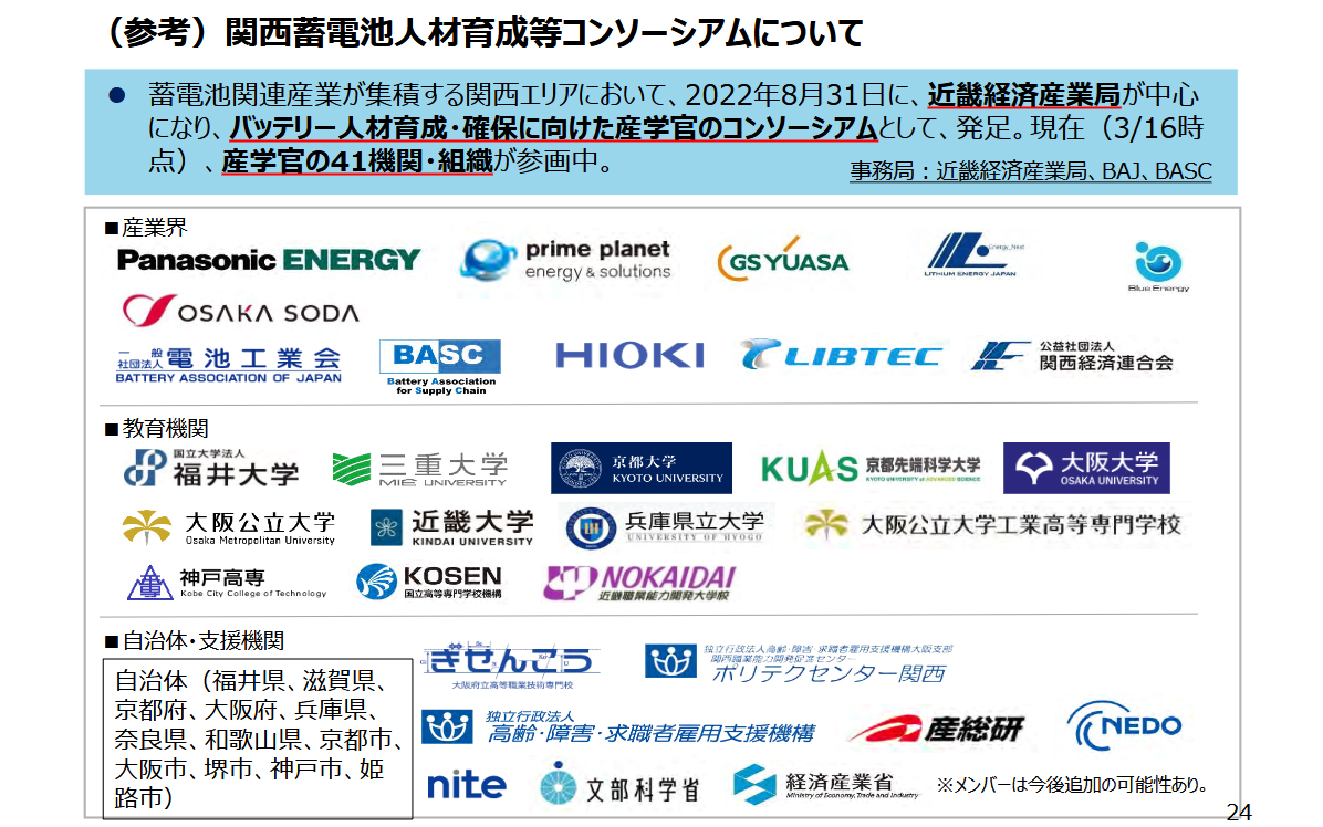 関西蓄電池人材育成コンソーシアムについて。産学官の41機関・組織が参画している