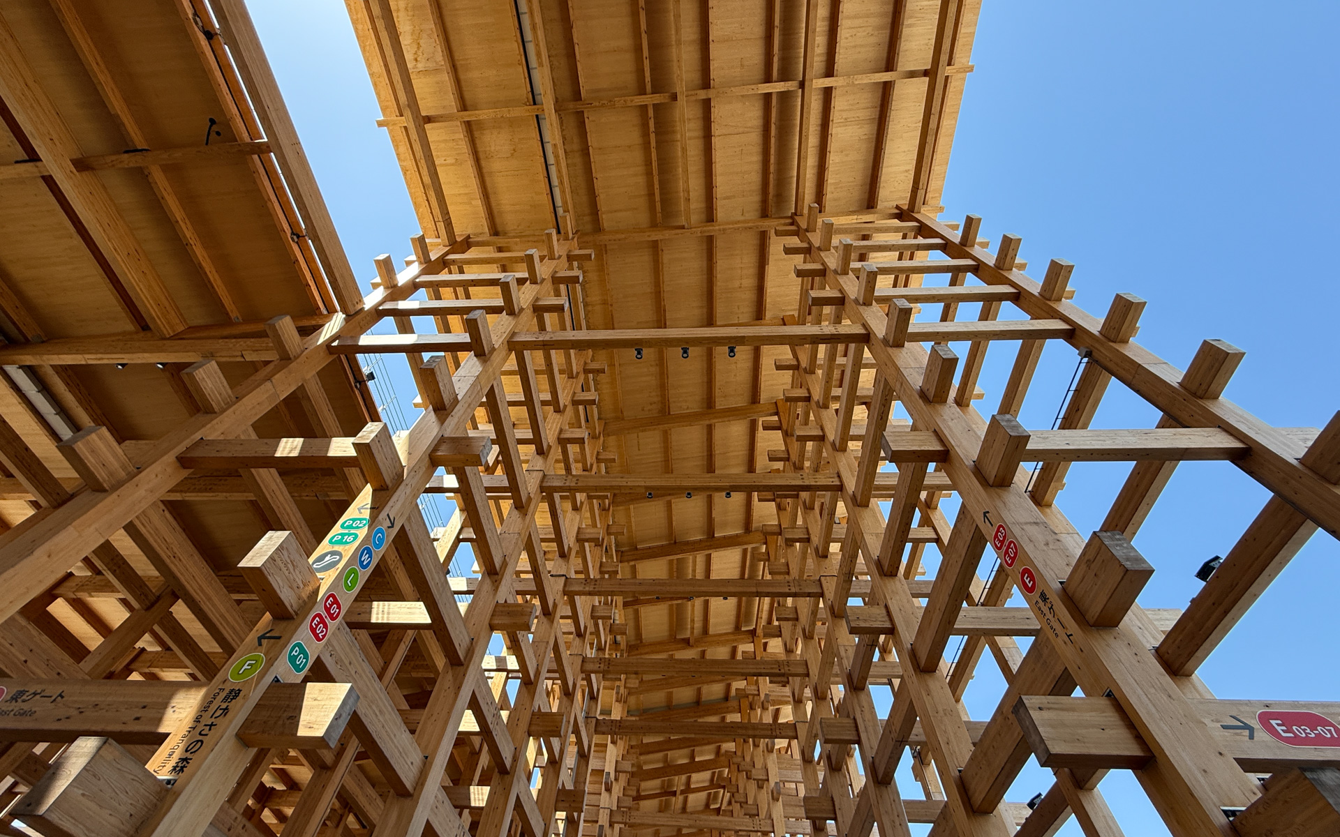 大屋根リングの内側と外側で傾斜がつけられている。写真の左から大屋根リングの内側、外側。