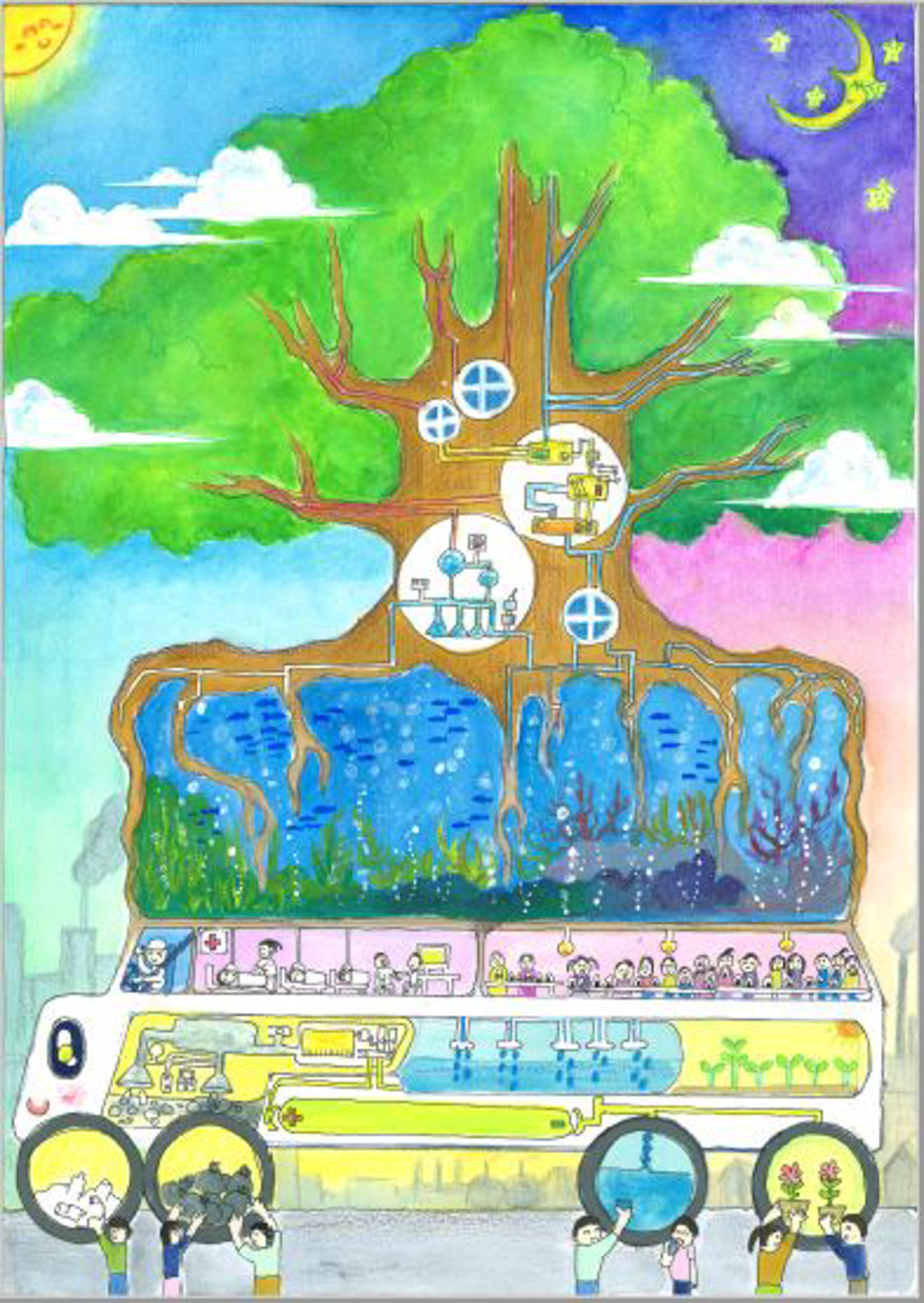 最優秀賞5・6年生の部を受賞された、永井秀弥さんの作品「自給自足カー」。ゴミを回収しながら分解してエネルギーを作り、光合成のエネルギーや水で魚や植物を育て、災害時にも安心だというこの発想がすごい！　細かなところまで丁寧に描かれています