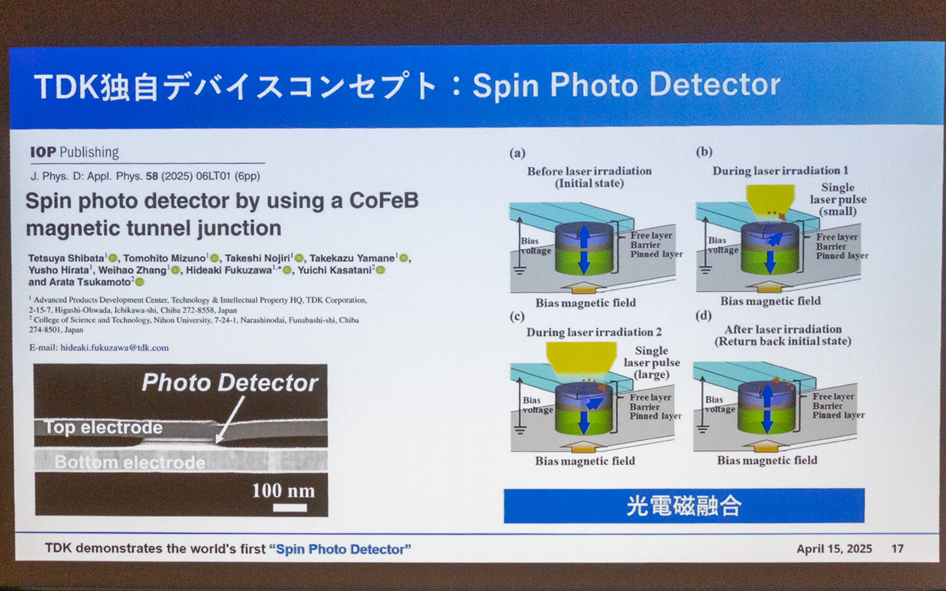 TDKの独自デバイスコンセプト、スピンフォトディテクタの解説。光を検知する電子部品ではあるが、光の当て方には条件がある