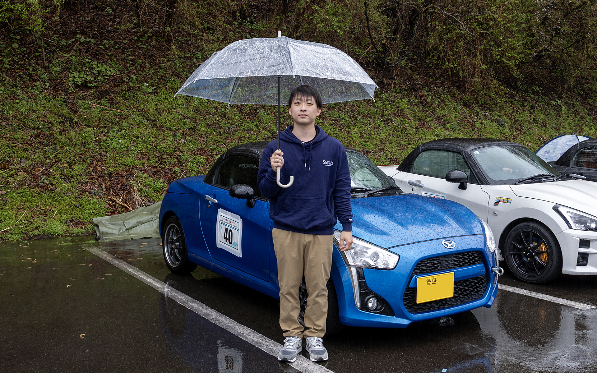 徳島県から自走で参加の「ワキタタクヤ」さん。愛車はコペンローブ