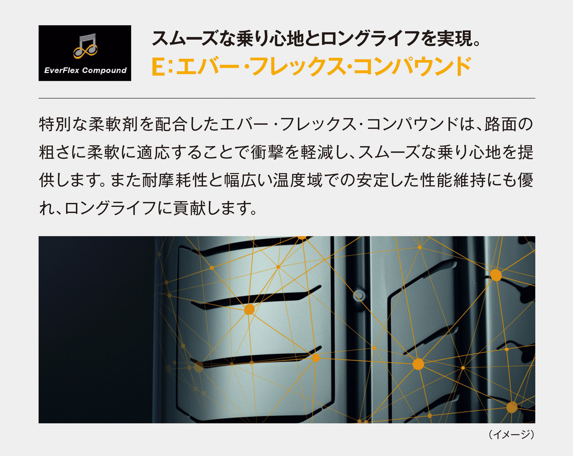 路面の粗さにゴムが柔軟に適応することで衝撃を軽減するエバー・フレックス・コンパウンド