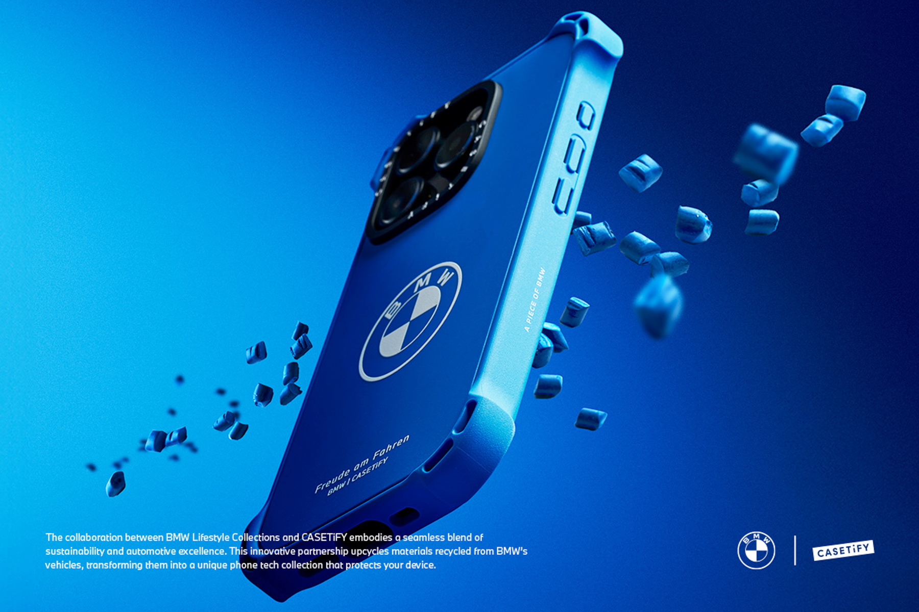 黒と青のスマホケースはBMWのヘッドライト部分に使われていたプラスチックと、CASETiFYのリサイクルプラスチックを組み合わせて制作しているという