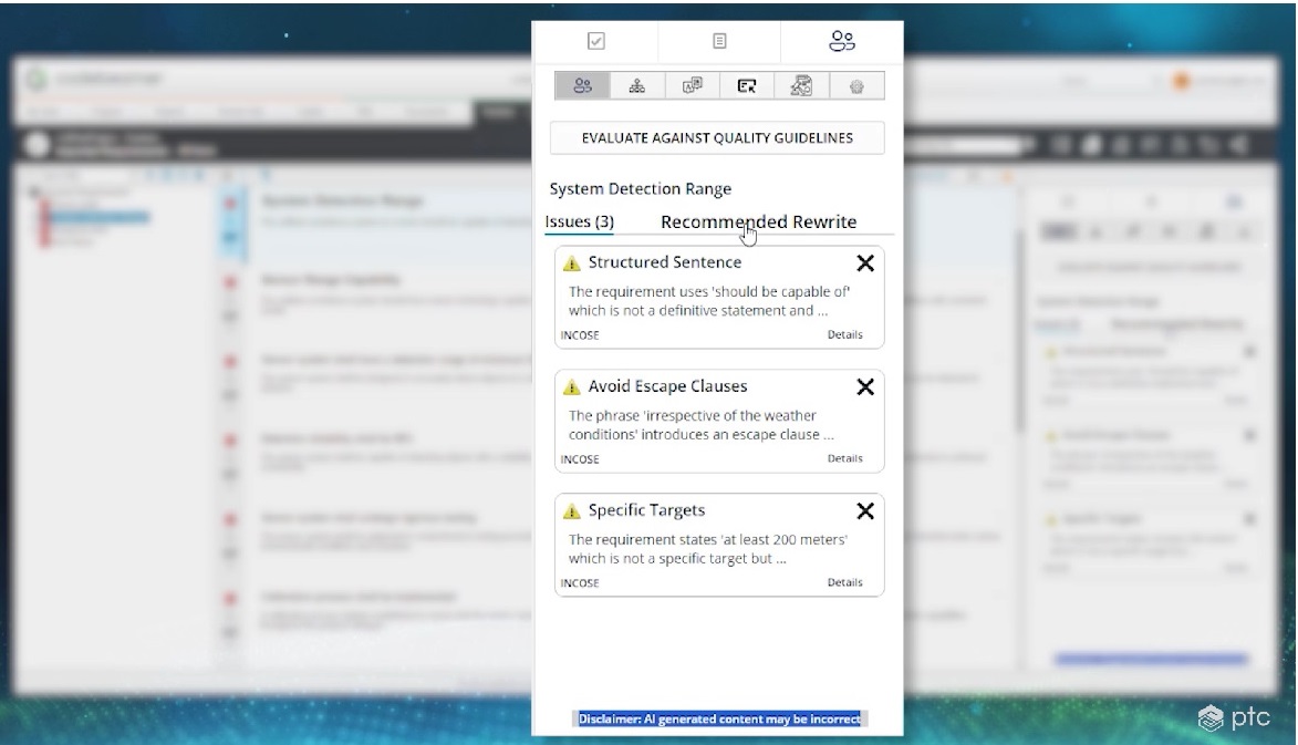 Codebeamer AIが、ガイドラインを元に要求内容について指摘しているイメージ