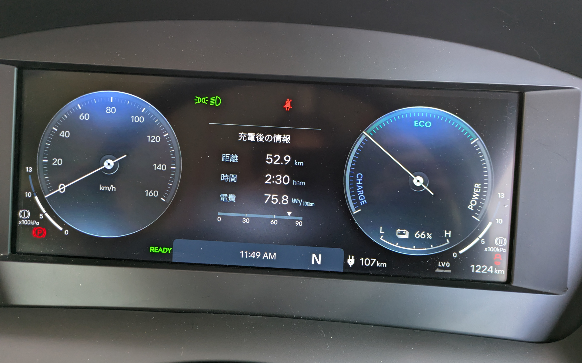 12.3インチのマルチインフォメーションメーターでは、ドアの開閉状態や近くの歩行者の有無、充電後の走行距離、走行時間、電費、ブレーキライニング残量、バッテリ残量などを確認できる