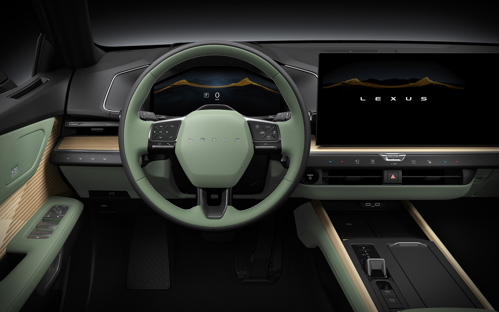BEVコクピット（プロトタイプ）：新型ESのコクピットは、12.3インチの異形液晶メーターを採用したメーターフードが高さを低く抑え、スムーズな視線移動とオープンな雰囲気を演出。質感を高める特殊コーティングを施し、スエード素材と光の演出の組み合わせより、レクサスのコクピット思想「Tazuna Concept」をより深化させた