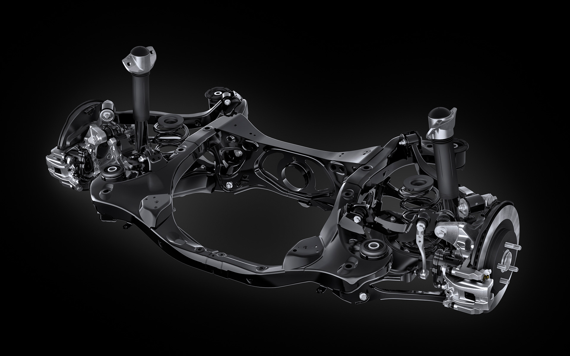 リアサスペンション（プロトタイプ）：サスペンションは、フロントにマクファーソンストラット式サスペンションを採用。リアには、路面への駆動力の確実な伝達とスムーズな車両姿勢変化の両立に寄与するマルチリンク式サスペンションをESとして初採用した。サスペンションアームのブッシュ特性を改良し、より上質な乗り心地を実現。また、Dynamic Rear Steering（DRS）を搭載し、車速に応じて後輪を前輪と 逆相/同相に最大4度転舵させることで、低速域ではコーナリング時の優れた回頭性や取り回しのよさを、高速域では高い車両安定性を実現させた