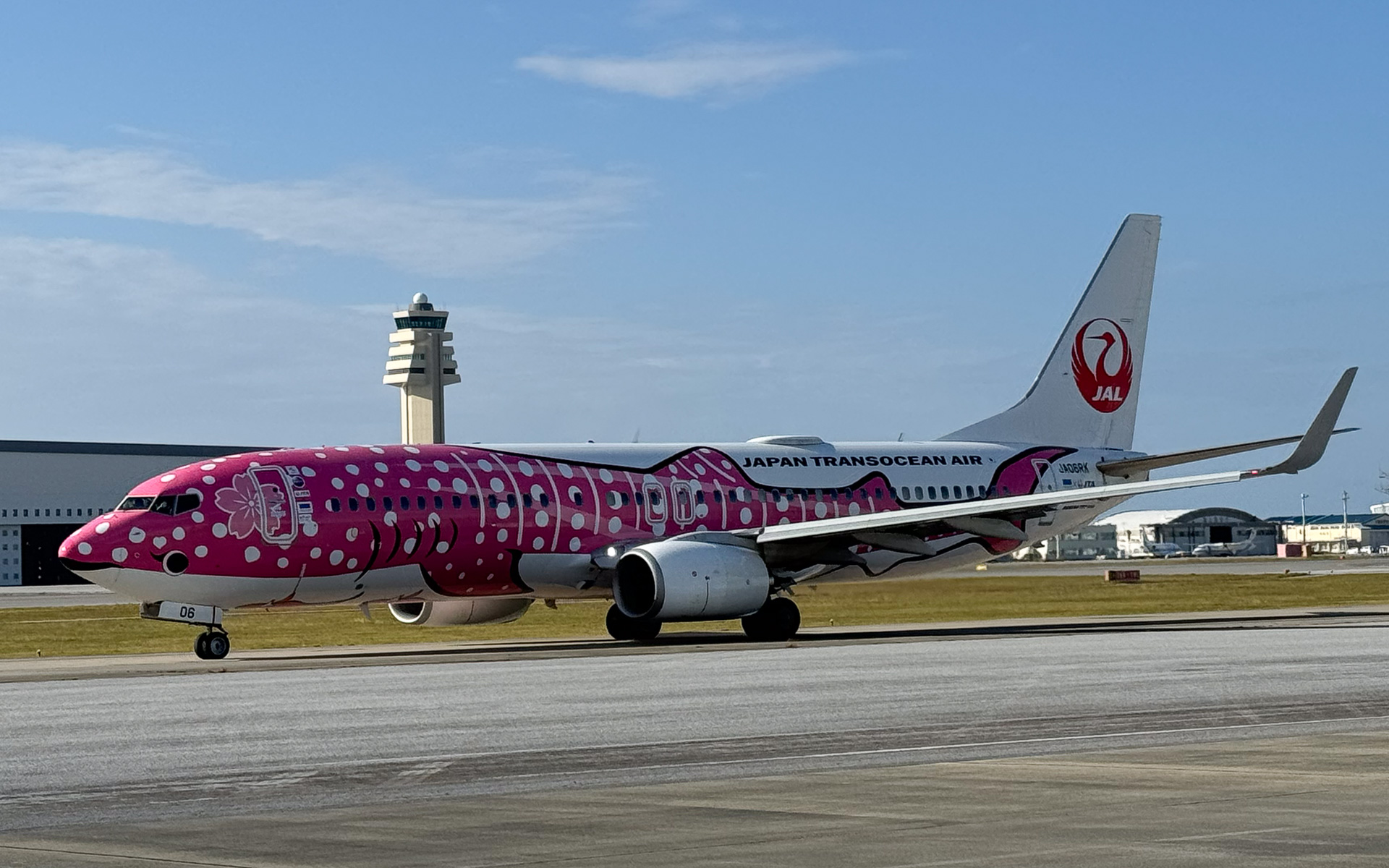 那覇空港は24時間空港として運用され、多くの観光客が訪れる国内主要空港でもある。そのため、ひっきりなしに航空機が離着陸している。写真はJTA日本トランスオーシャン航空の「さくらジンベエ（登録記号：JA06RK）」