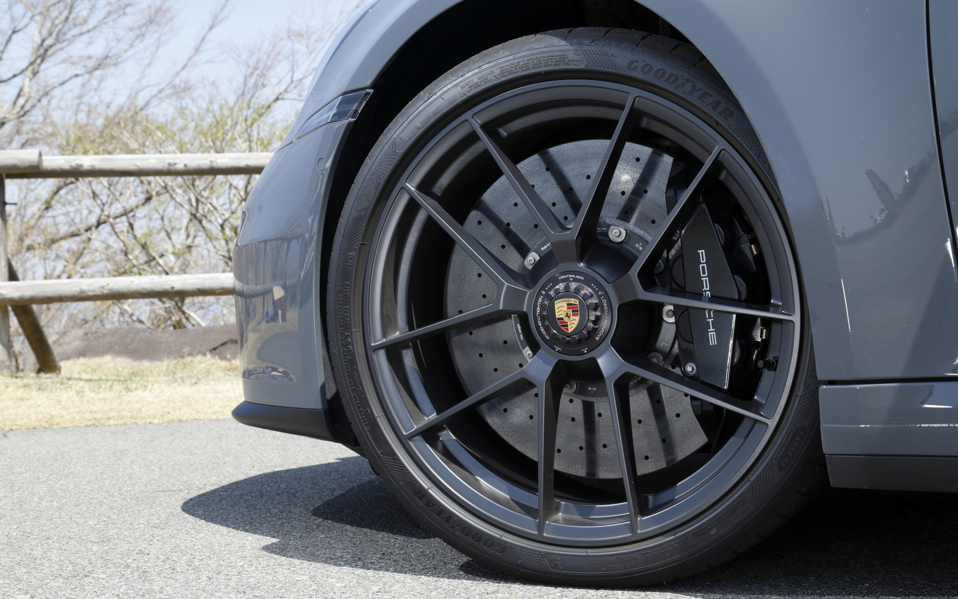 センターロック式の20/21インチ カレラGTSホイール（アンスラサイトグレー塗装）にはグッドイヤー「イーグルF1」（フロント245/35ZR20、リア315/30ZR21）が組み合わせられる