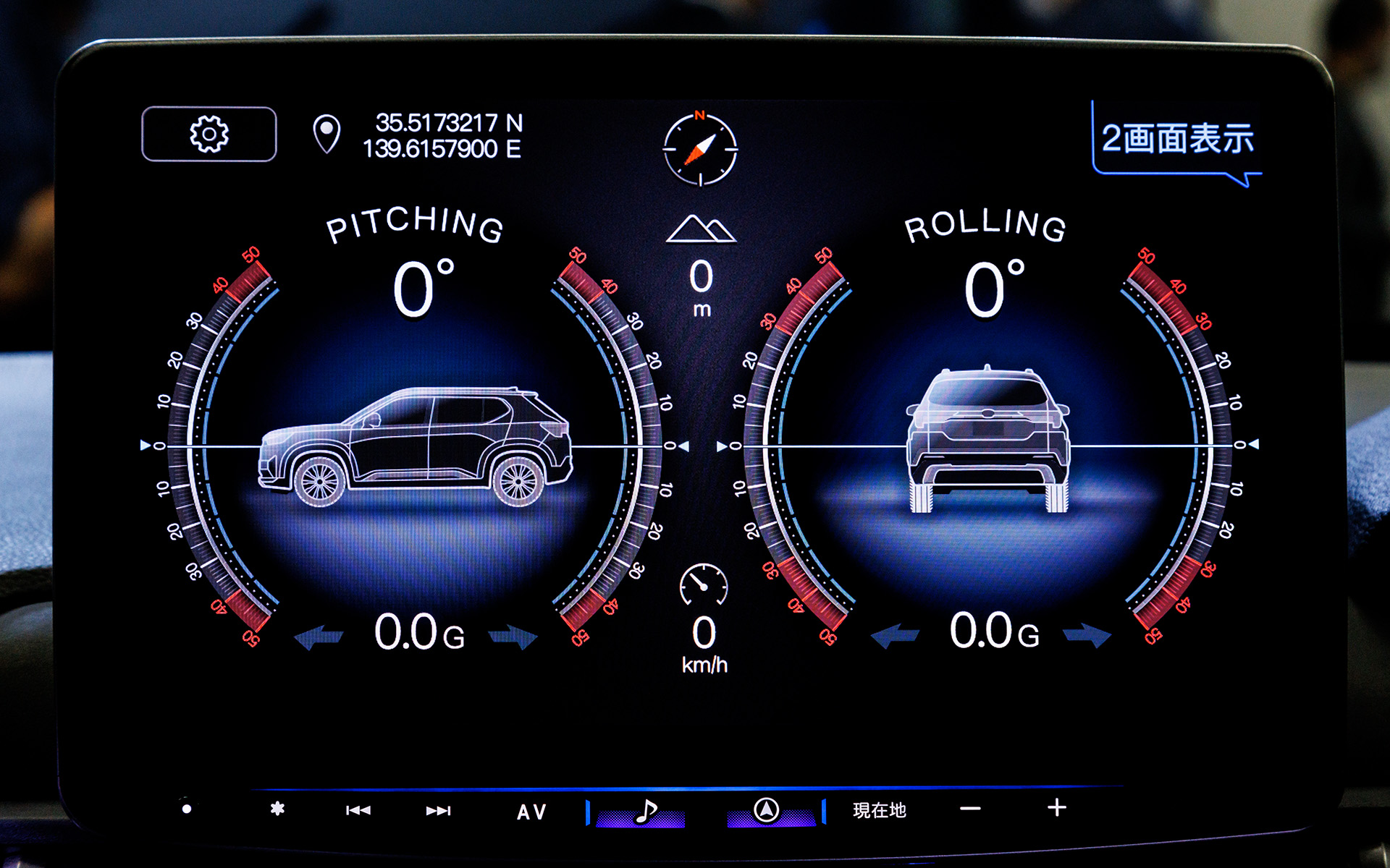 前後のピッチングと左右のローリング角度、加速度をリアルタイム表示できるオリジナルデザインの傾斜計機能を搭載