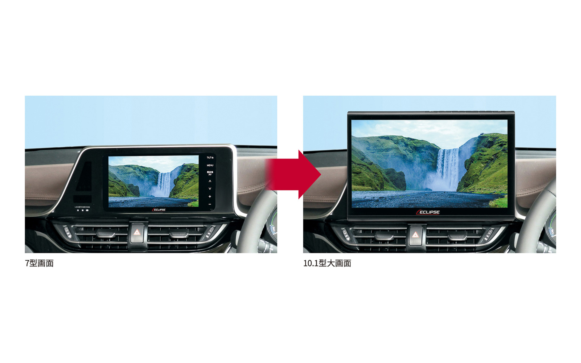 フローティング構造の採用により、これまでの7型画面（左）と比較して圧倒的に大きい10.1型大画面ディスプレイ（右）を実現