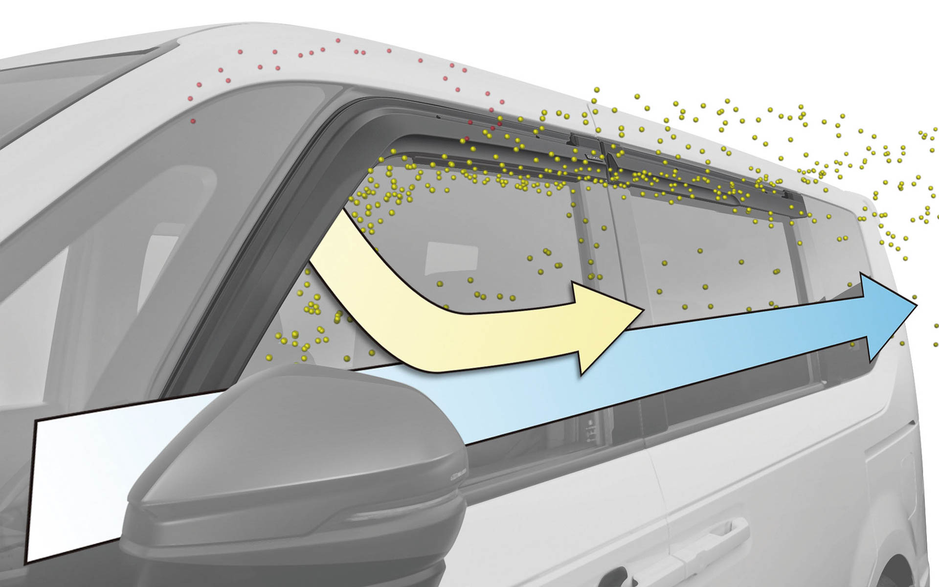 逆流防止のゴムブレードを配し、窓開口部からの外気侵入を防ぐことで換気効果を高めるベンチレーテッドバイザー。スモークタイプのアクリル製。1台分4枚セット