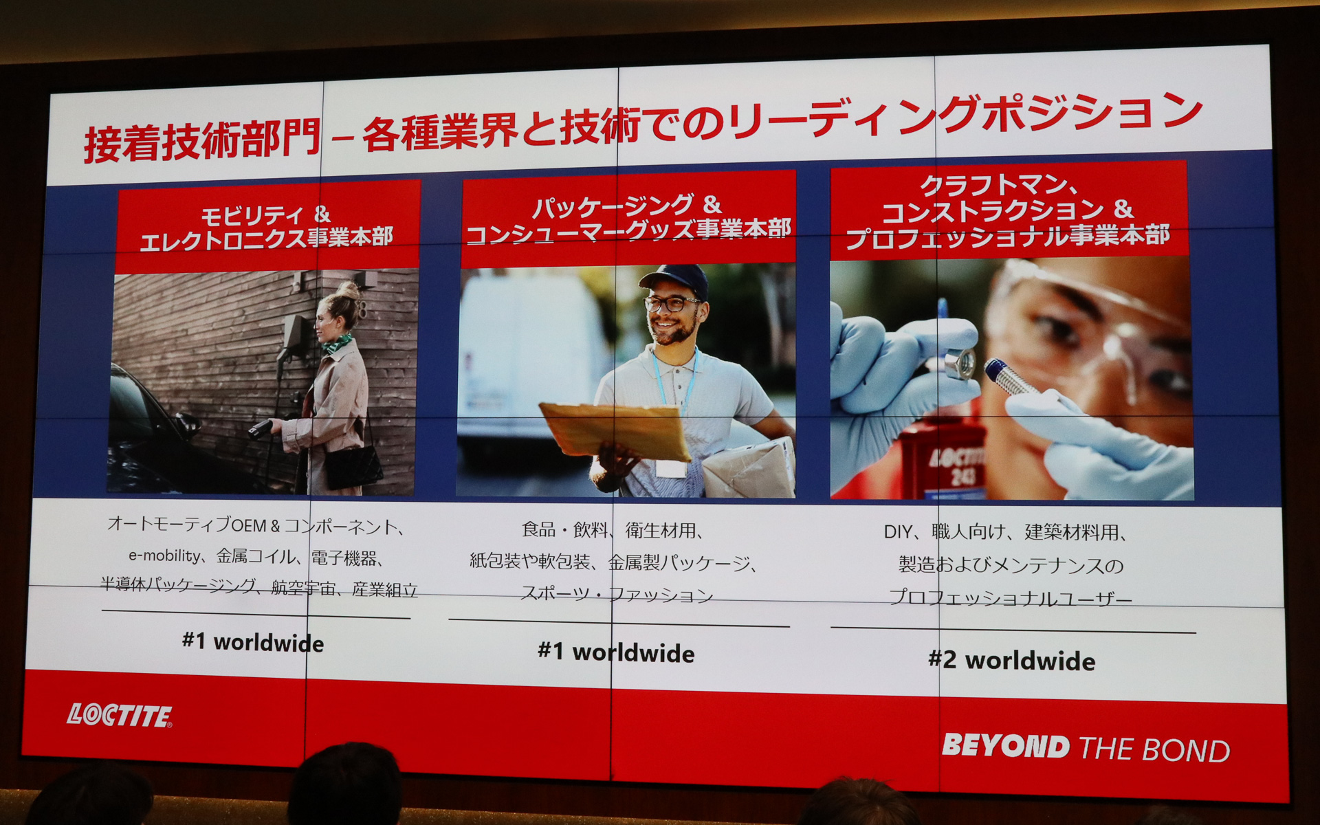 ヘンケルの接着技術部門は「モビリティ＆エレクトロニクス事業本部」「パッケージング＆コンシューマーグッズ事業本部」「クラフトマン、コンストラクション＆プロフェッショナル事業本部」の3つで構成