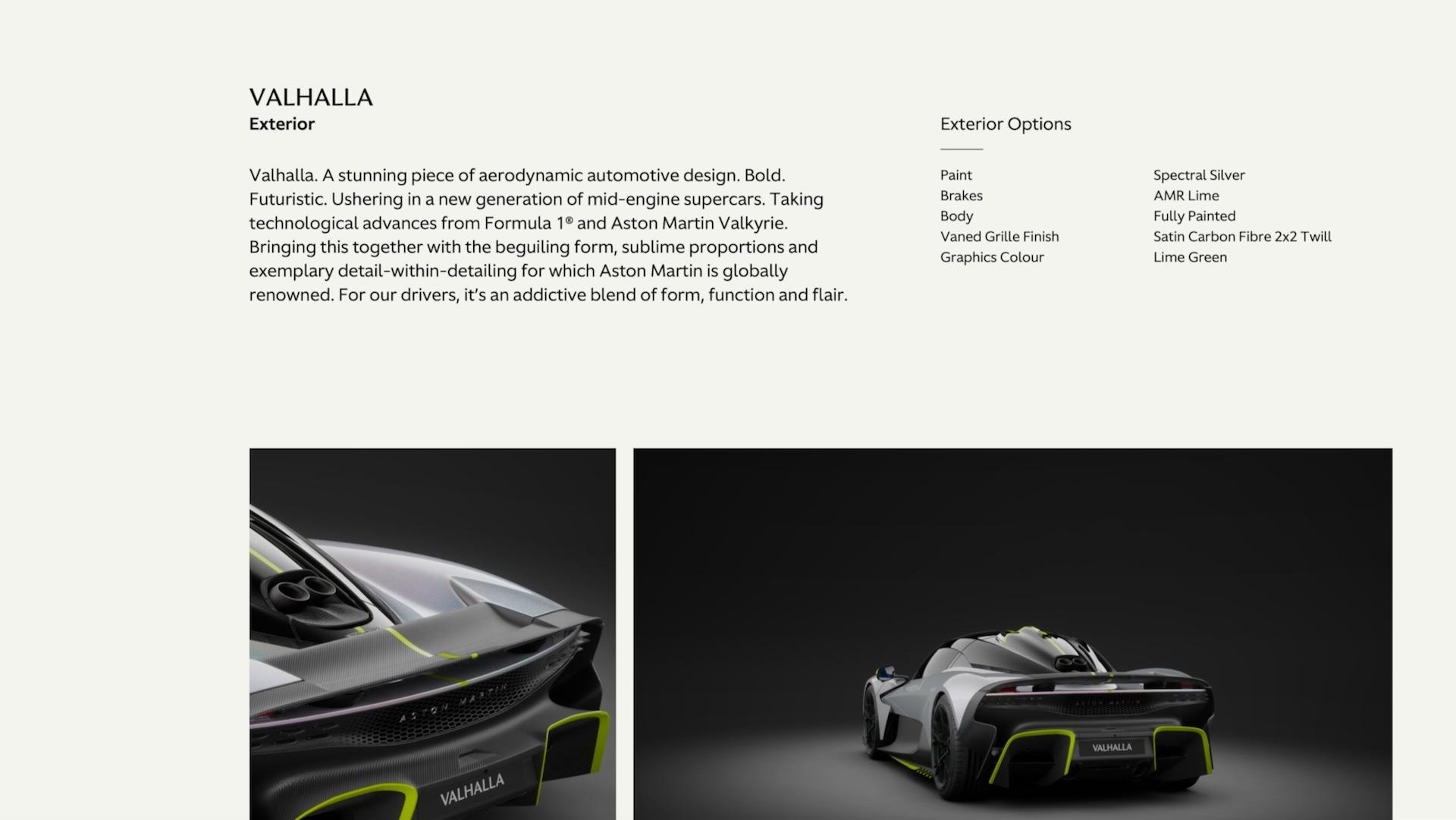 内外装などを選んだオプション内容が反映された「VALHALLA Personal specification for Mr Akira」のデータシート