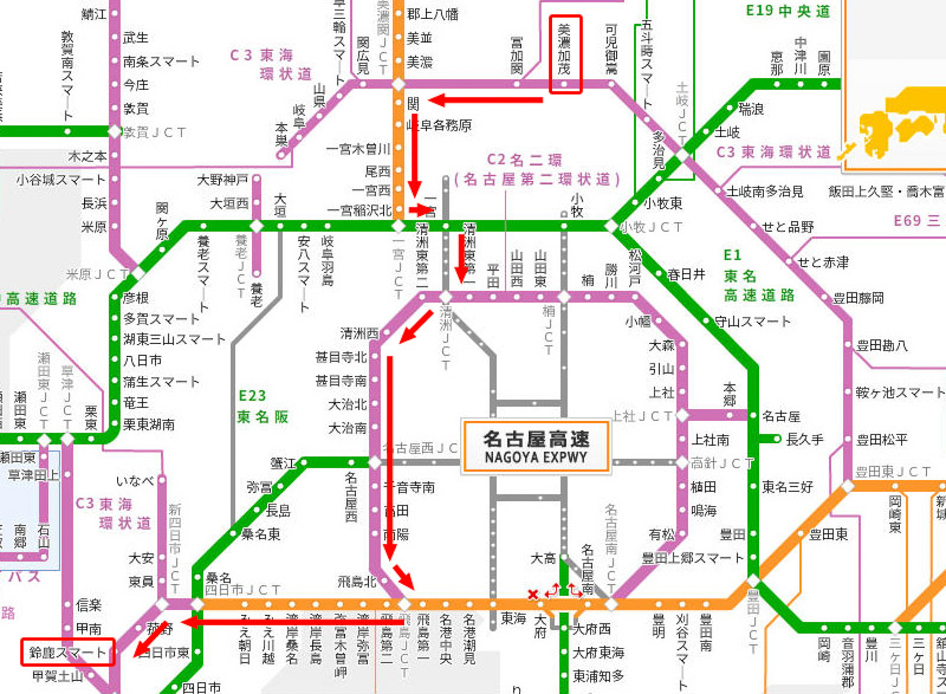 各高速をつなぐルート