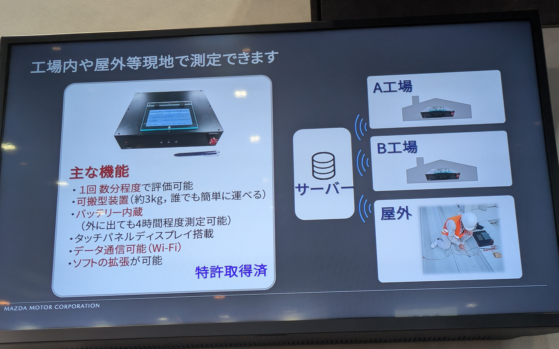 マツダが初公開した「ポータブル・高速 サビ評価システム」の概要