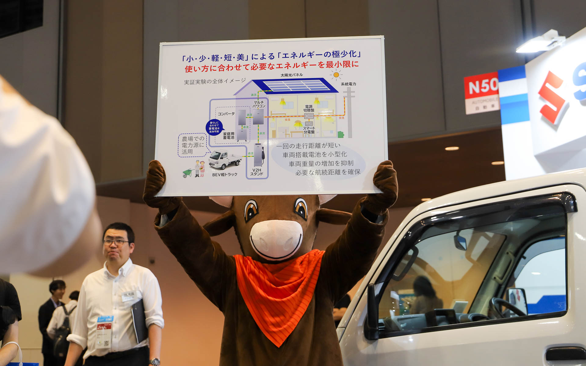 ブースでは11時から2時間ごとにスポットイベントを実施。牛さんがEVキャリイの実証実験について紹介してくれる