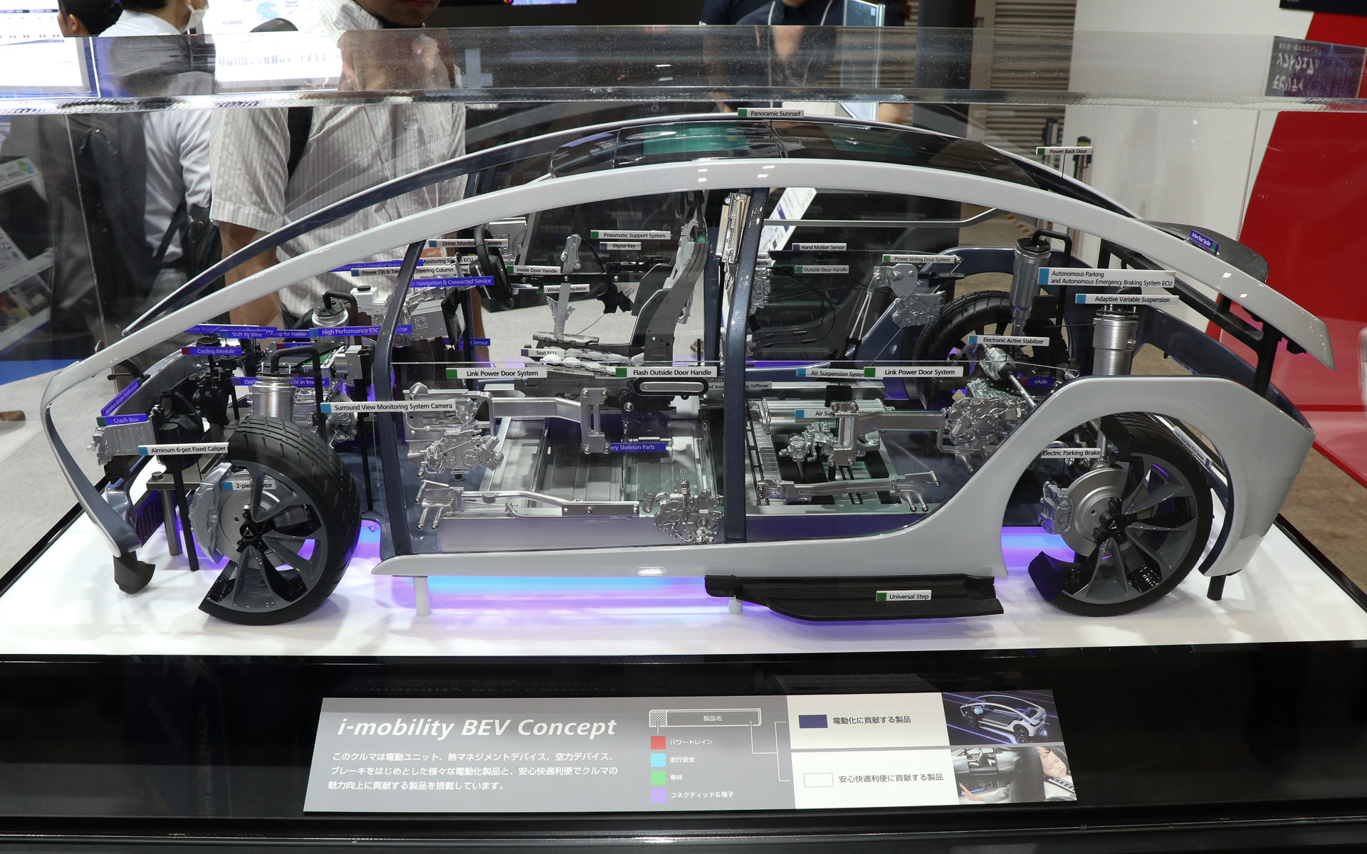 このほかにアイシンブースでは、2023年に公開したアイシンの電動化製品を紹介するBEVデモカー「i-mobility BEV Concept」の模型も展示されている