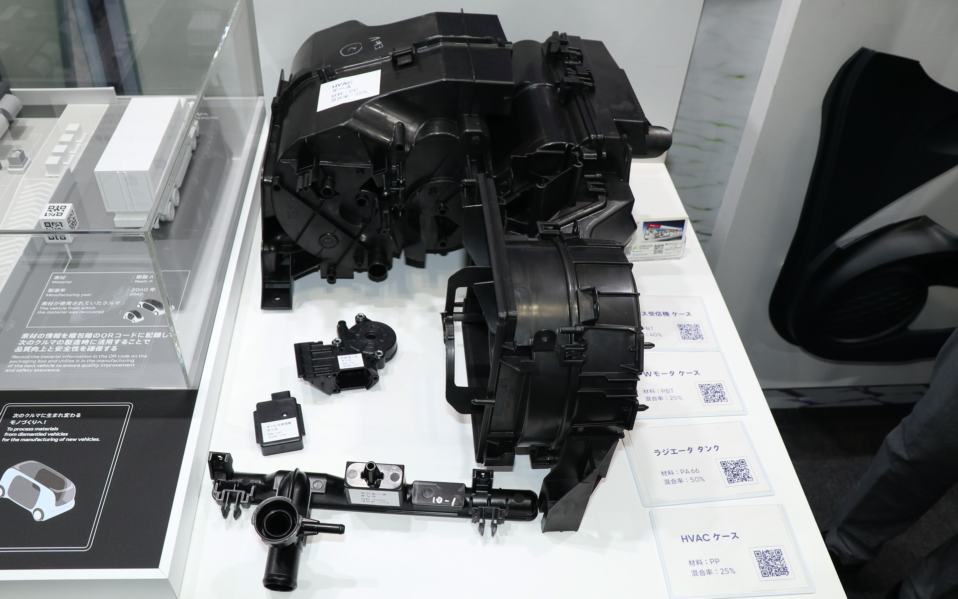 企業15社と早稲田大学が協力して取り組んだ実証実験の成果物である再生材を利用した自動車パーツも展示