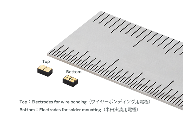 2つに分かれている上面がワイヤーボンディング用の電極で、4つに分かれている下面は基盤に半田で実装するための電極