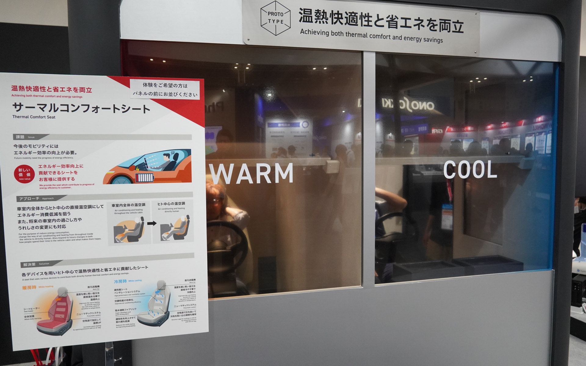 サーマルコンフォートシートの展示では2つの温度設定の部屋で効果を試すことができる