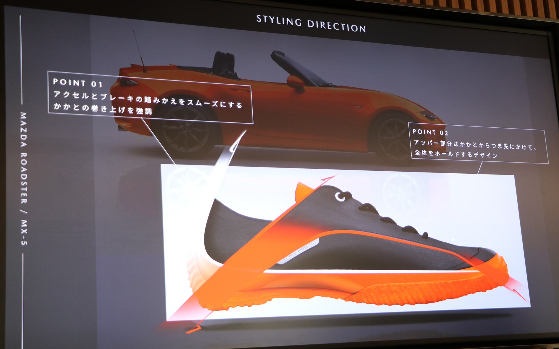 2つのデザインポイント。靴と足に一体感を持たせることで、ロードスターの持つ「人馬一体」も表現している