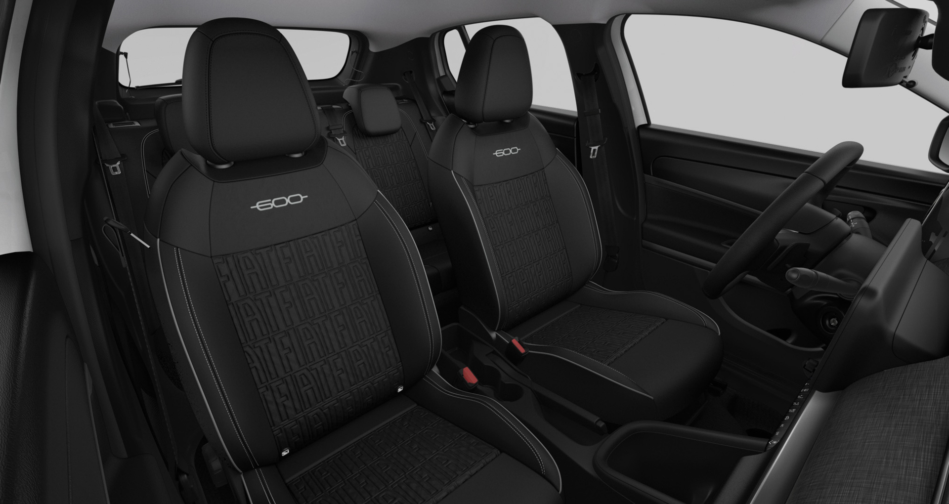 ベースモデルの内装はボディ同色のダッシュボードとブラック色のファブリックシート（FIATモノグラム入り）