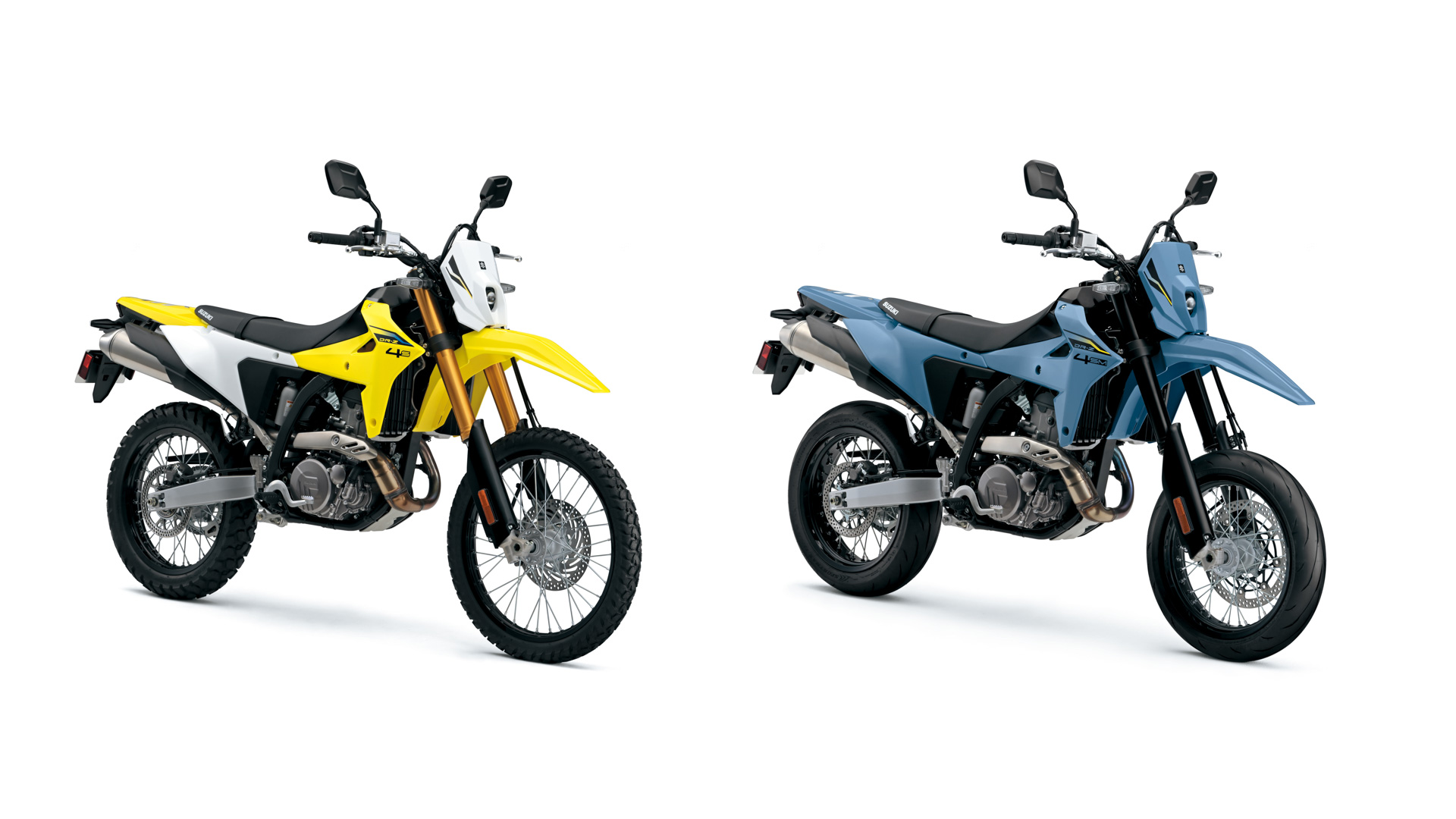 新型デュアルパーパスモデル「DR-Z4S」（左）、新型スーパーモトモデル「DR-Z4SM」（右）を参考展示（海外仕様）