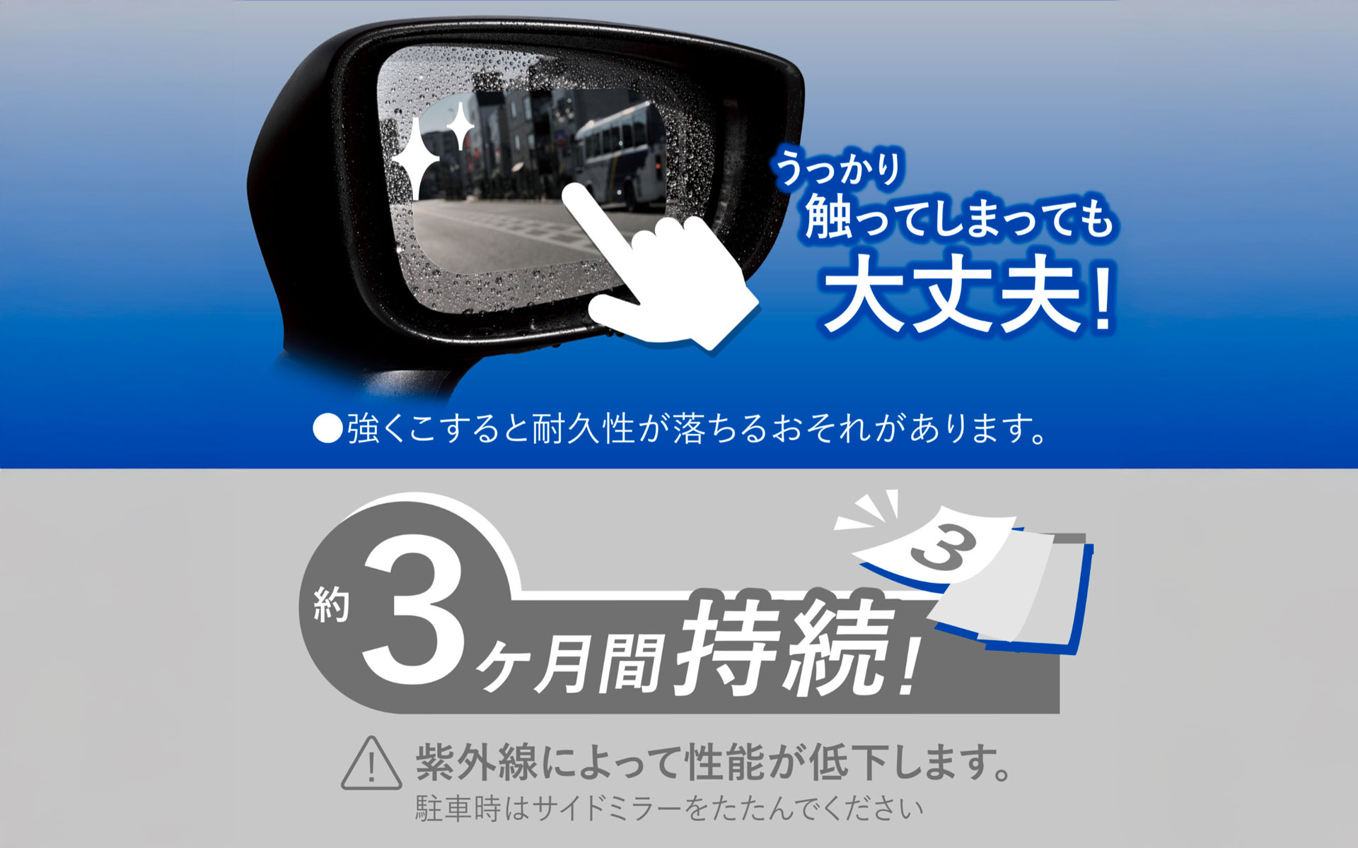 ゼロワイパー フィルムタイプ サイドミラー用。Amazon販売価格2215円（編集時）。サイドミラー用の超撥水ガラスコート。貼るだけの簡単施工でサイドミラーが見やすく！