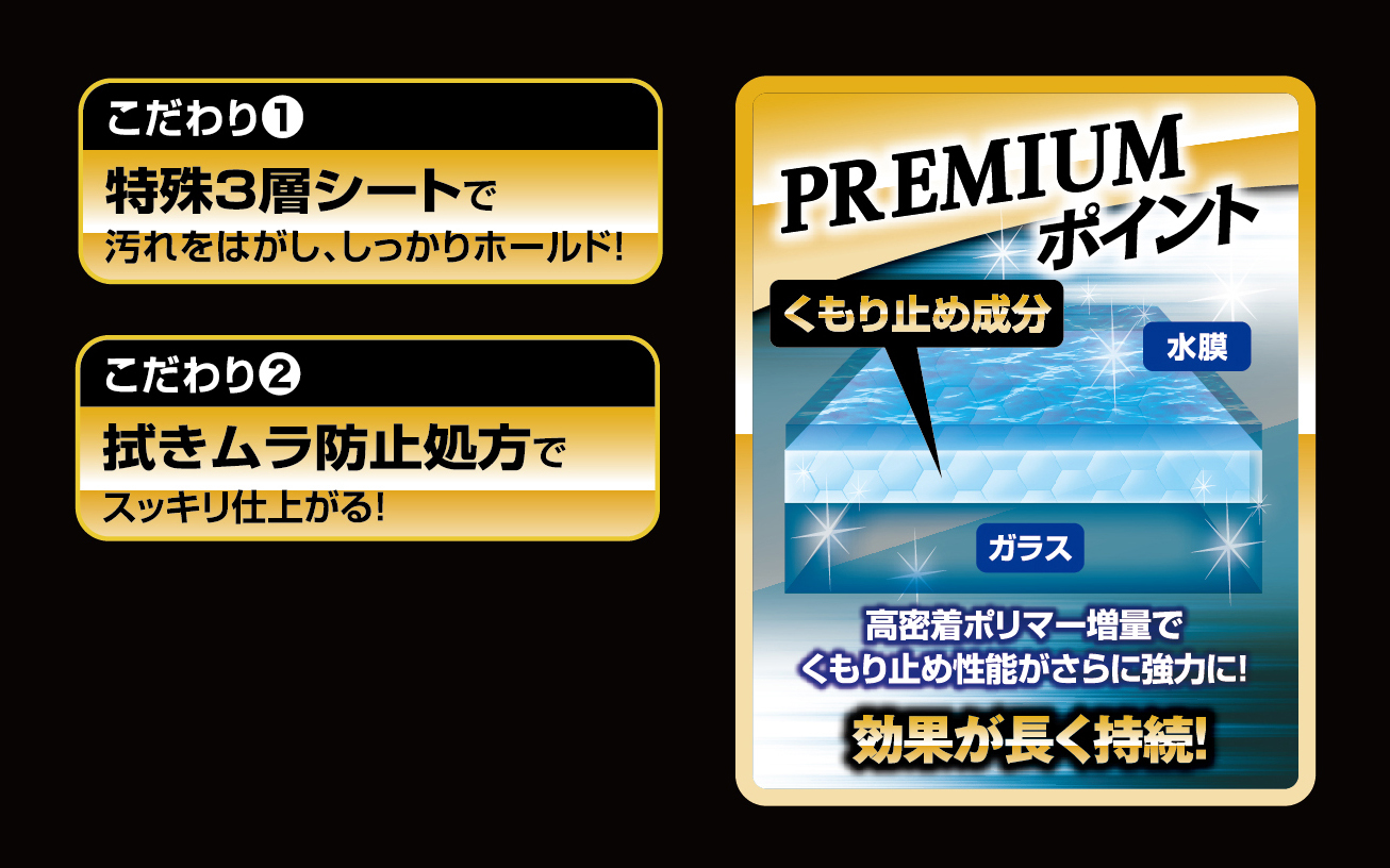 エクスクリアプレミアム 内窓用ウェットシート くもり止め強化。Amazon販売価格770円（編集時）。内窓のくもりを防止するウェットシート。ふきムラ防止処方で汚れをスッキリ落としてフロントガラスをピカピカに