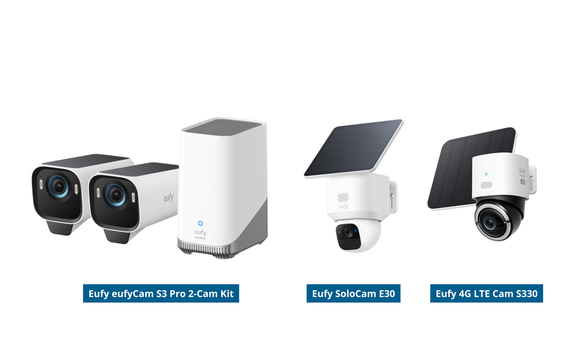 左から、屋外用防犯カメラの「Eufy eufyCam S3 Pro 2-Cam Kit」「Eufy SoloCam E30」「Eufy 4G LTE Cam S330」