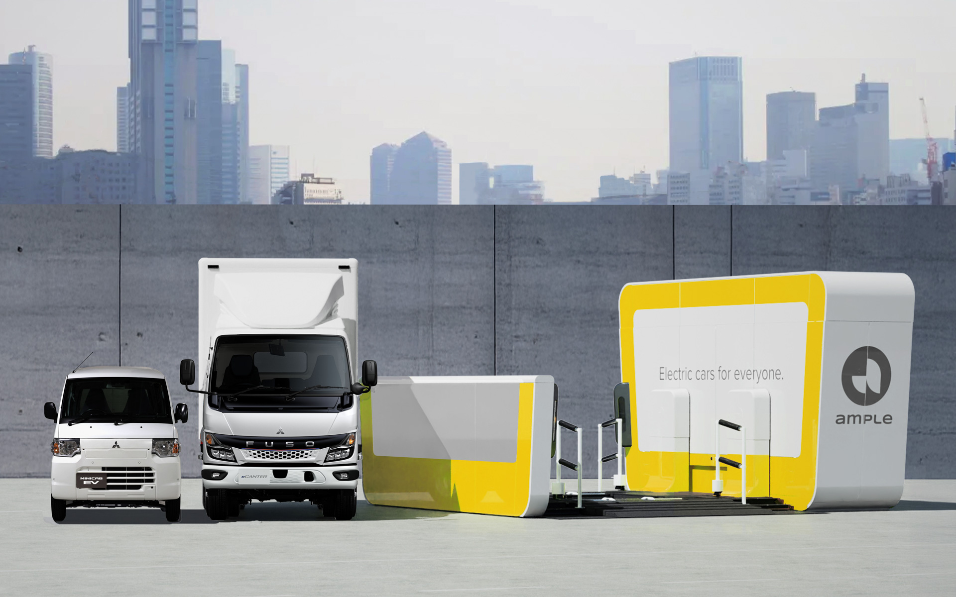 三菱自動車の軽商用EV「ミニキャブEV」、三菱ふそうのEV小型トラック「eCanter」と米Ampleのバッテリ交換ステーション