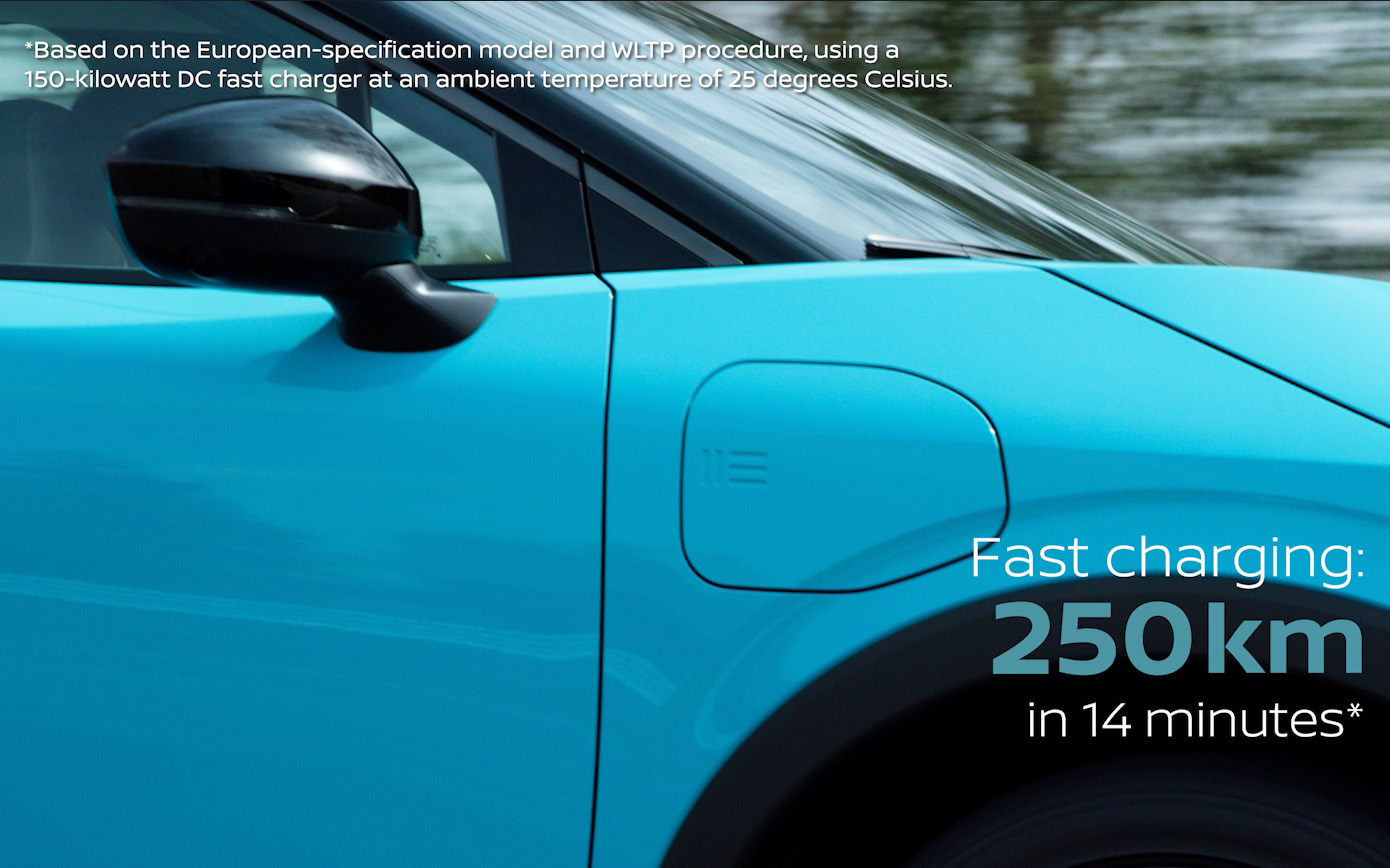 新型リーフでは急速充電器を使うことで14分で最大250kmの走行を可能にした