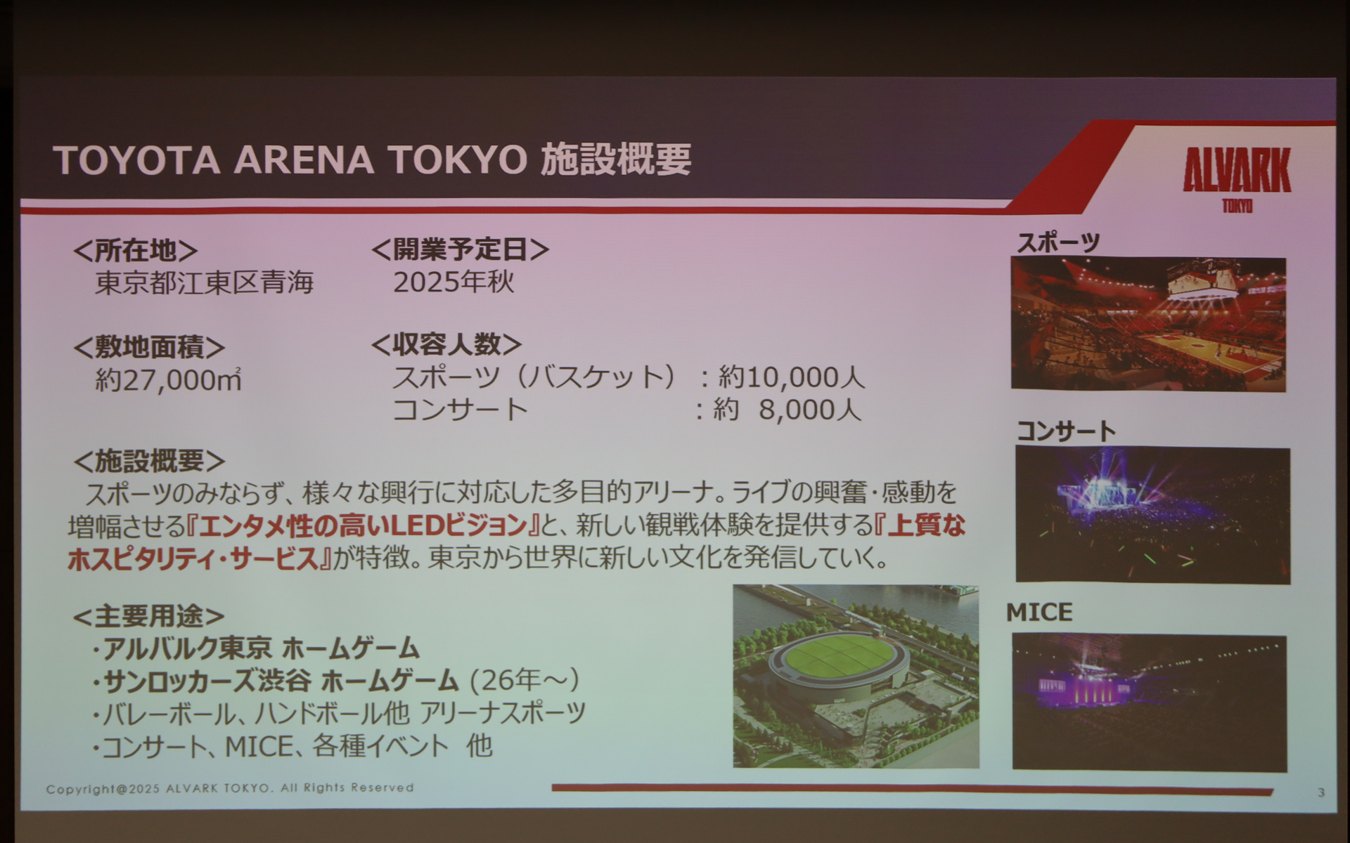 トヨタアルバルク東京が東京・青海に2025年秋に開業する新アリーナ「TOYOTA ARENA TOKYO」で目指すものを紹介するスライド