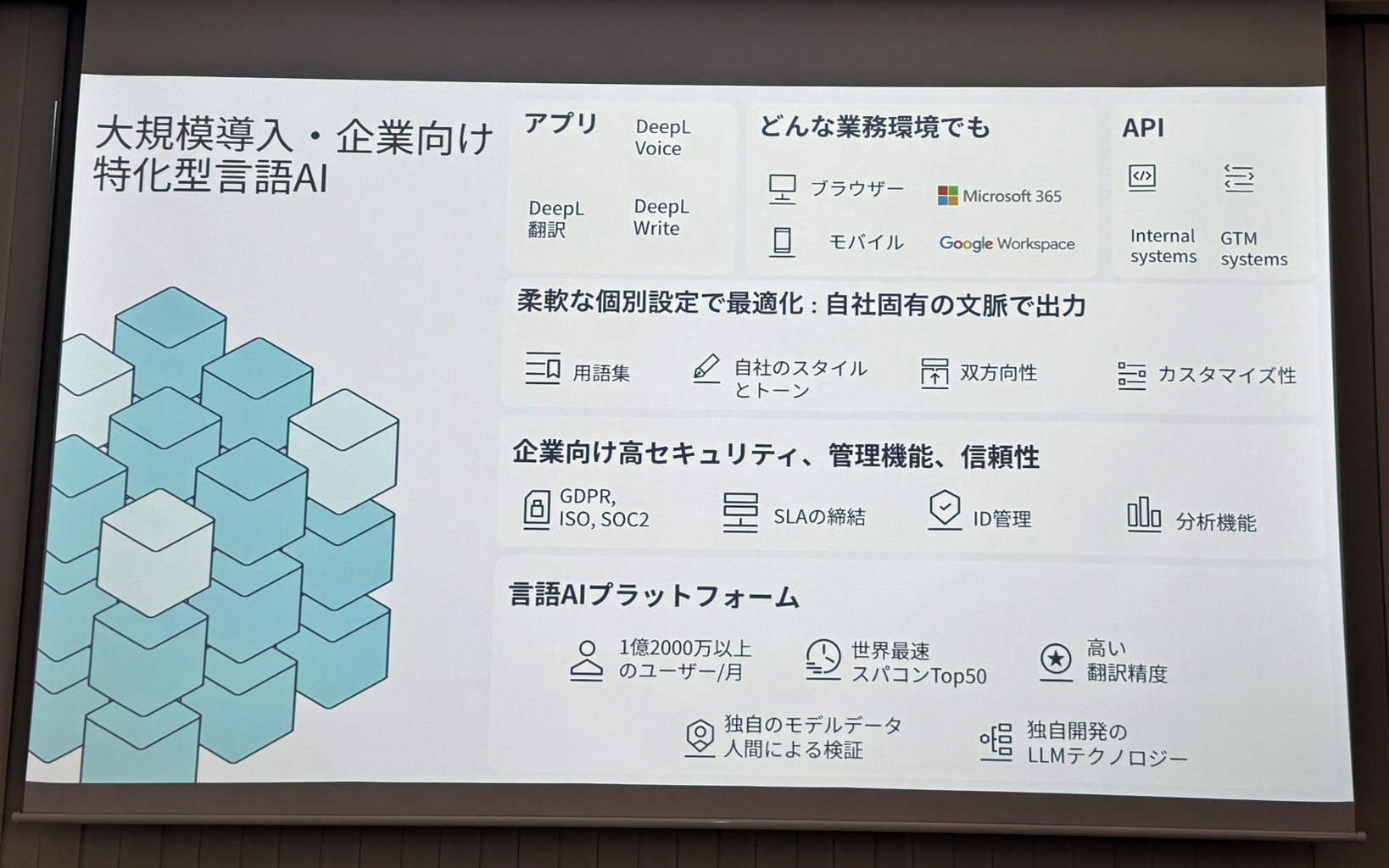 DeepLジャパン合同会社 エンタープライズ営業本部 第二営業部 部長の吉岡大地氏が示したプレゼンテーション資料