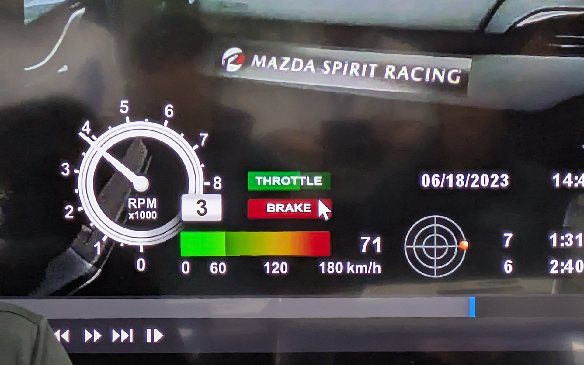 過去の車載動画を見ながらアクセルワークの重要さを説明する加藤チーフインストラクター